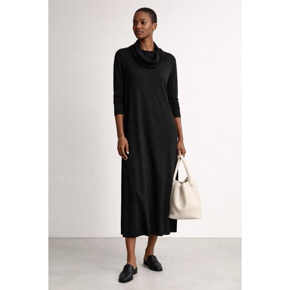 Eileen Fisher Dresses & Skirts - EILEEN FISHER Dress Sz L A-line Cowl Neck Long Sleeve Gray Minimalist Lagenlook